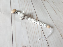 Load image into Gallery viewer, Crochet elephant personalized pacifier clip with wooden clip