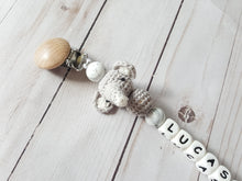 Load image into Gallery viewer, Crochet elephant personalized pacifier clip with wooden clip