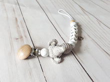 Load image into Gallery viewer, Crochet elephant personalized pacifier clip with wooden clip