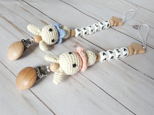 Load image into Gallery viewer, Crochet bunny personalized pacifier clip with wooden clip