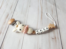 Load image into Gallery viewer, Crochet bunny personalized pacifier clip with wooden clip