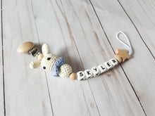 Load image into Gallery viewer, Crochet bunny personalized pacifier clip with wooden clip