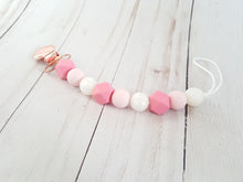 Load image into Gallery viewer, Pretty baby girl pacifier clip with coral pink beads and rose gold clip