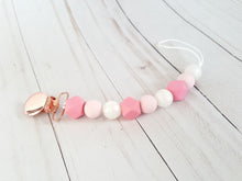 Load image into Gallery viewer, Pretty baby girl pacifier clip with coral pink beads and rose gold clip