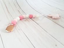 Load image into Gallery viewer, Pretty baby girl pacifier clip with coral pink beads and rose gold clip
