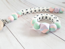 Load image into Gallery viewer, Tie-Dye personalized pacifier clip and teething loop matching set