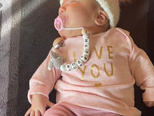 Load image into Gallery viewer, Crochet elephant personalized pacifier clip with wooden clip