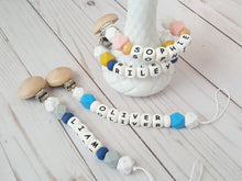 Load image into Gallery viewer, Personalized pacifier clip with colorful beads and wooden clip
