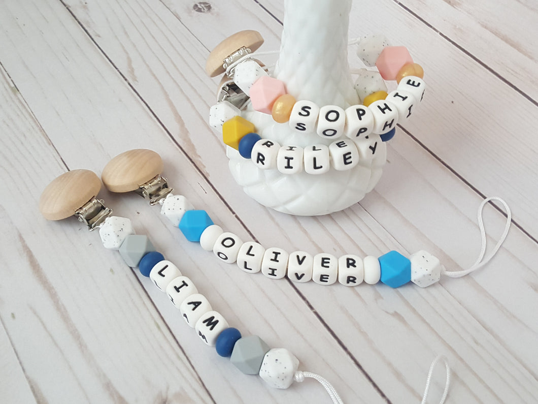 Personalized pacifier clip with colorful beads and wooden clip