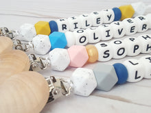 Load image into Gallery viewer, Personalized pacifier clip with colorful beads and wooden clip
