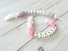 Load image into Gallery viewer, Personalized pacifier clip with soft crochet beads and plastic clip
